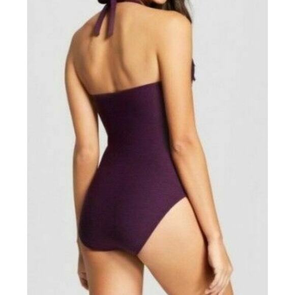 Mossimo Halter plum purple fringe one piece bathing suit NWT v neck swim Small - Picture 2 of 5